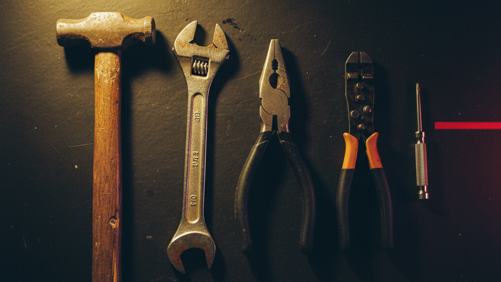Hand tools laid out in order on a dark workbench, largest to smallest
