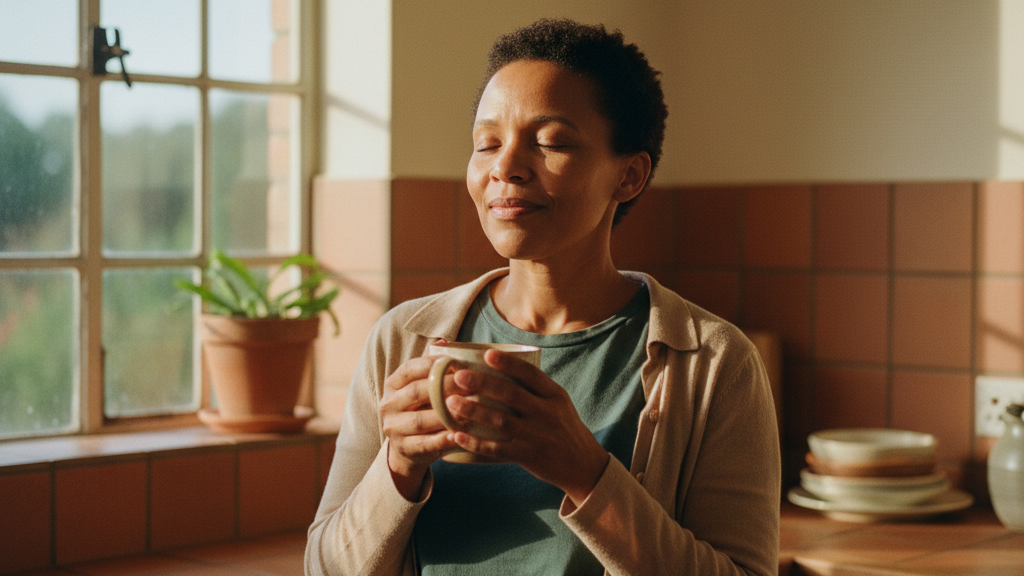 A relaxed business owner enjoying a quiet coffee in warm morning light