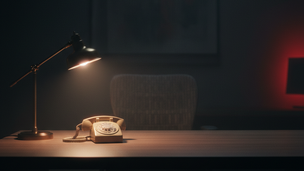 An empty office desk at night lit by a single lamp, with a phone nobody answered