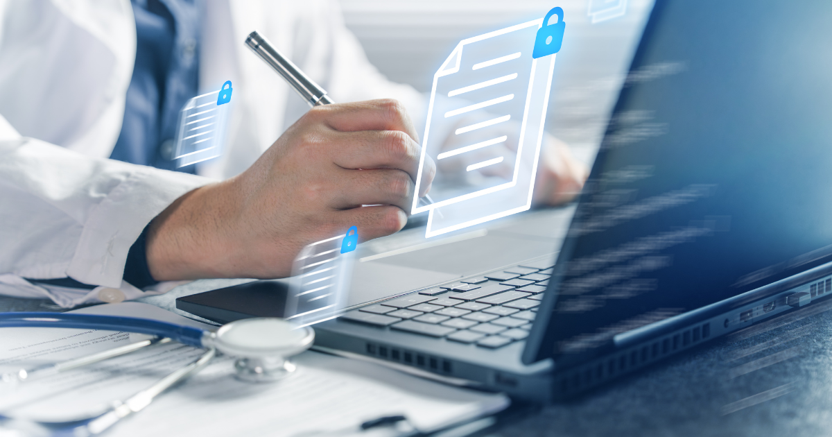 Healthcare professional reviewing secured patient documents on a laptop